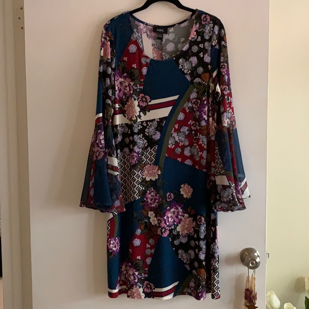 MKS dress with shear bell sleeves